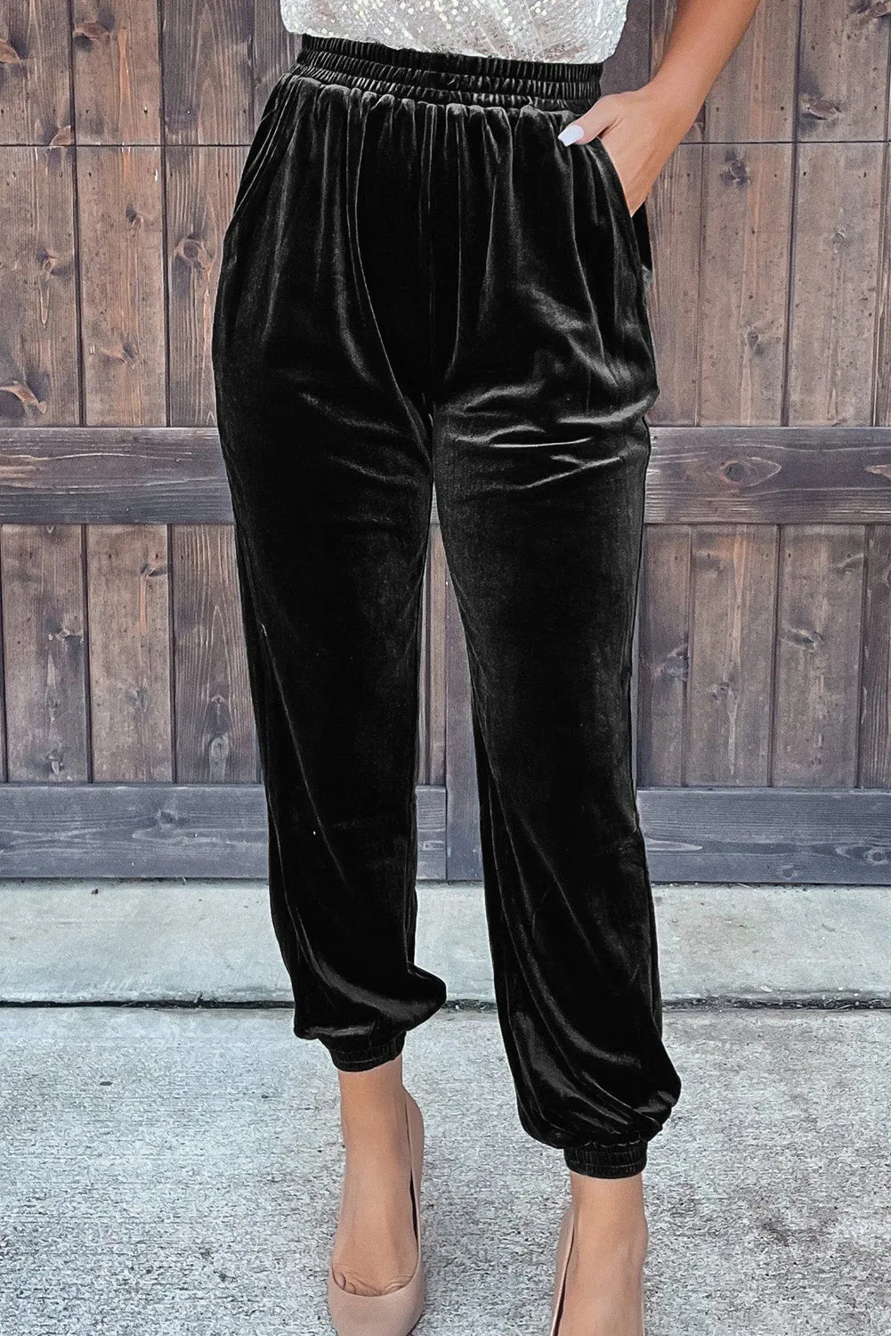 Black Velvet Jogger Trousers sold by Beagle Boutique