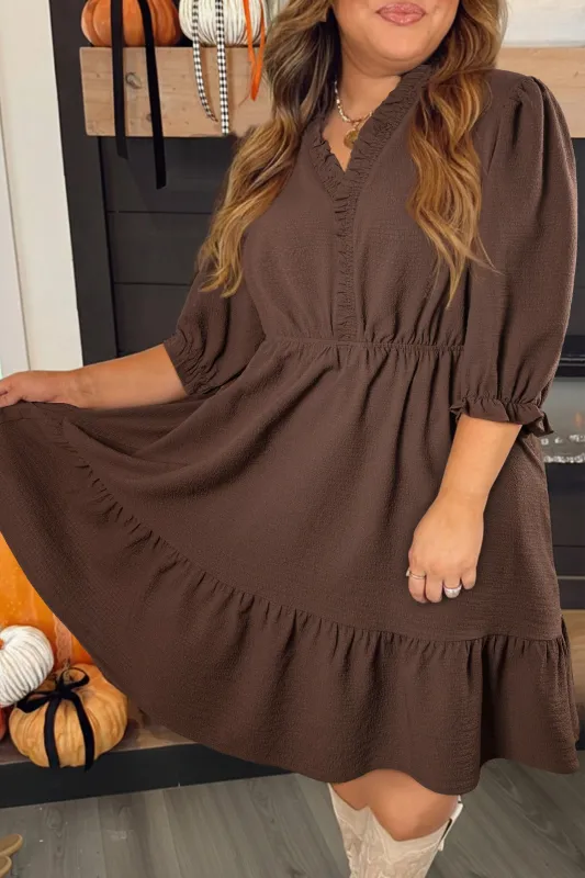Plus Size Frilled Trim V-Neck Puff Sleeve Textured Mini Dress sold by Beagle Boutique