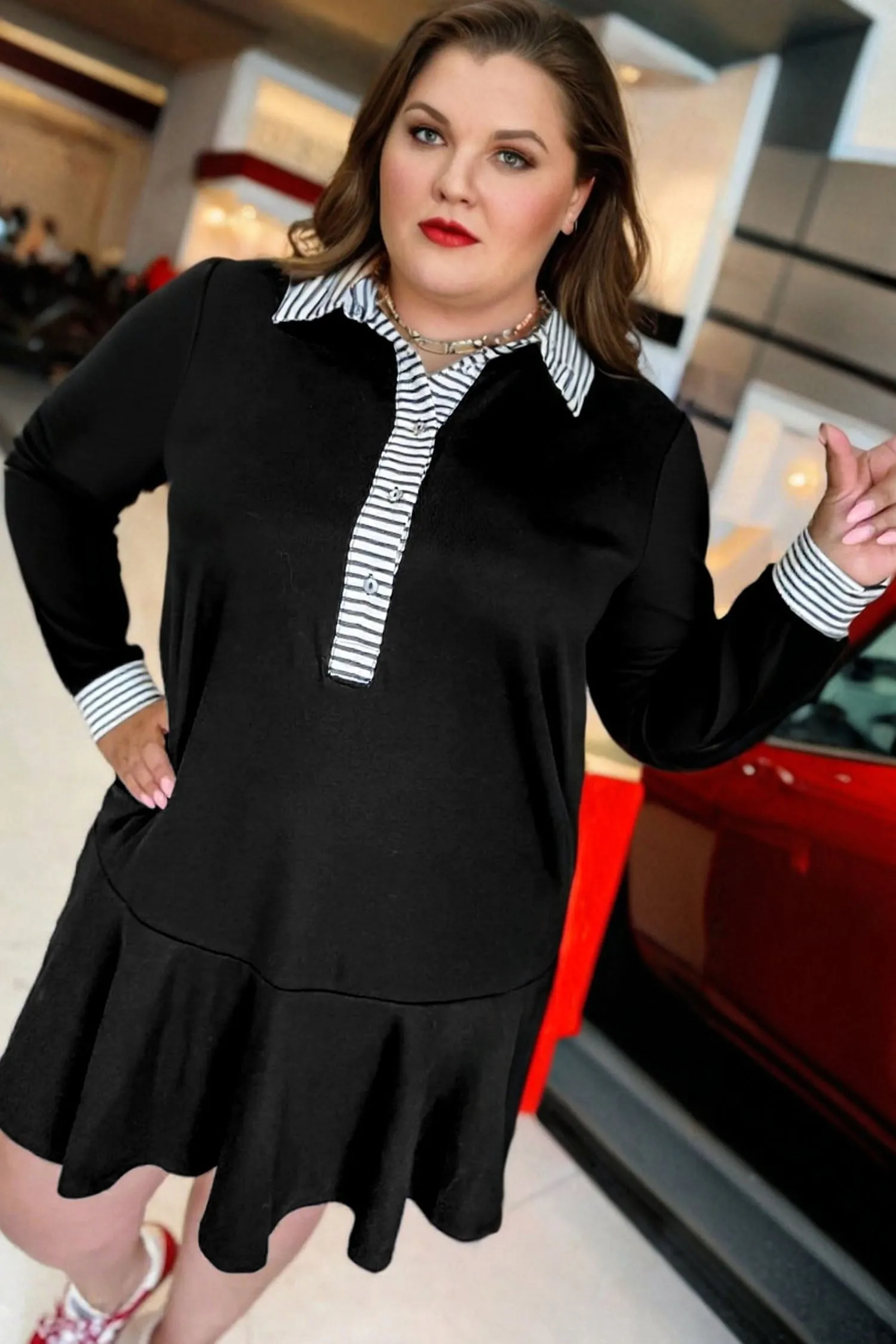 Plus Size Striped Cuffs Polo Collar Patchwork Long Sleeve Ruffle Hem Dress sold by Beagle Boutique product image thumbnail 2