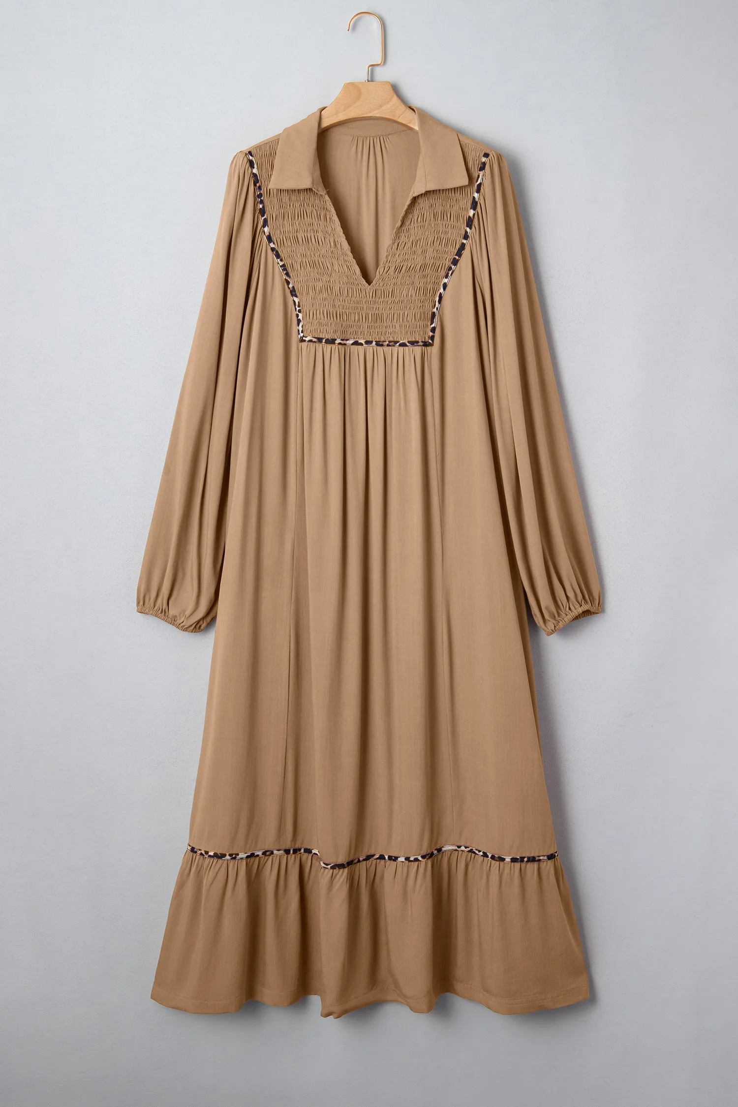 Smocked V-Neckline Leopard Piping Accent Bracelet Plus Size Long Dress sold by Beagle Boutique product image thumbnail 3