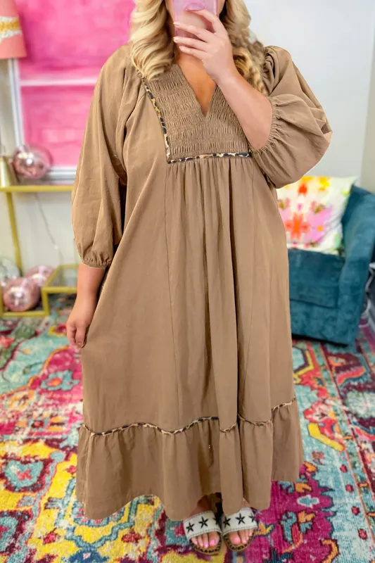 Smocked V-Neckline Leopard Piping Accent Bracelet Plus Size Long Dress sold by Beagle Boutique