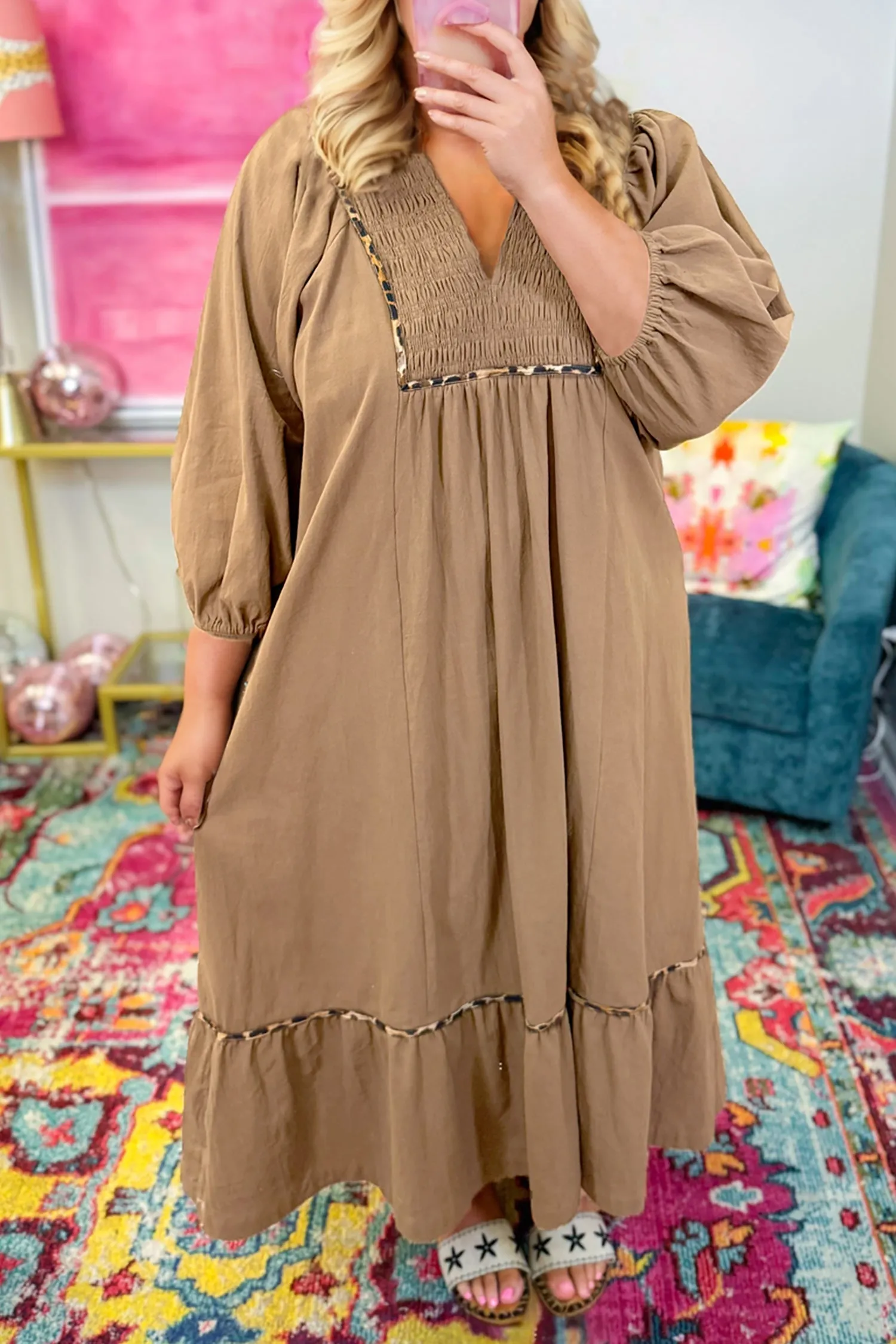 Smocked V-Neckline Leopard Piping Accent Bracelet Plus Size Long Dress sold by Beagle Boutique