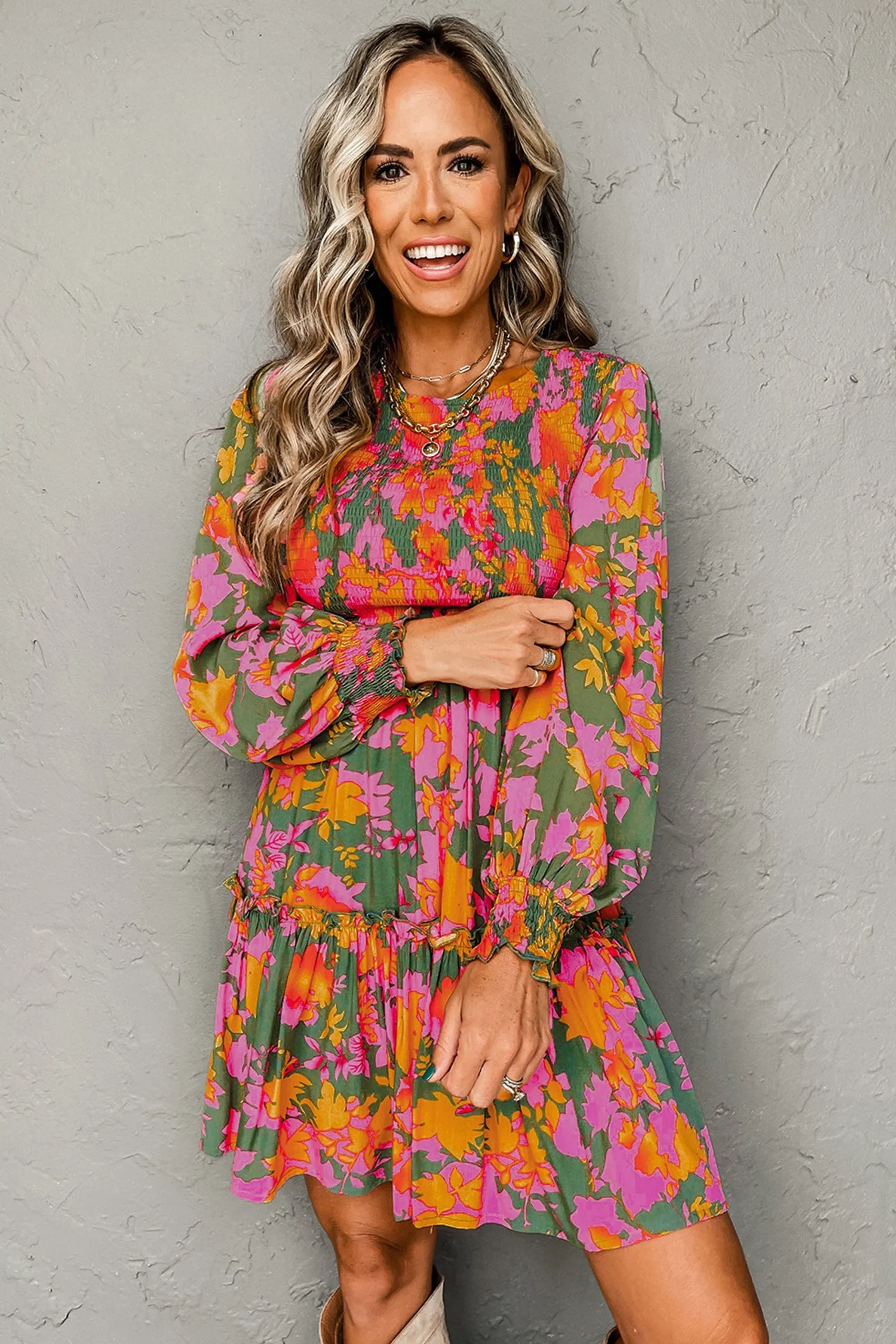 Multicolour Floral Print Long Sleeve Smocked Ruffled Mini Dress sold by Beagle Boutique product image thumbnail 4