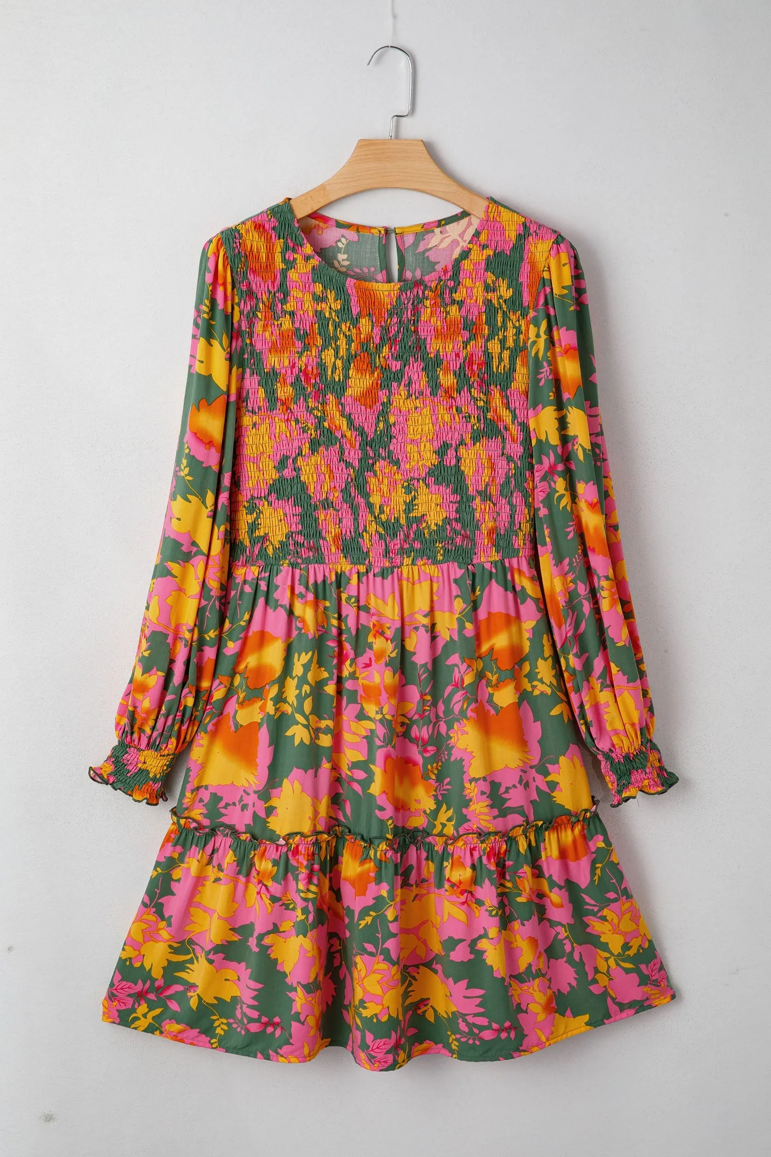 Multicolour Floral Print Long Sleeve Smocked Ruffled Mini Dress sold by Beagle Boutique product image thumbnail 5