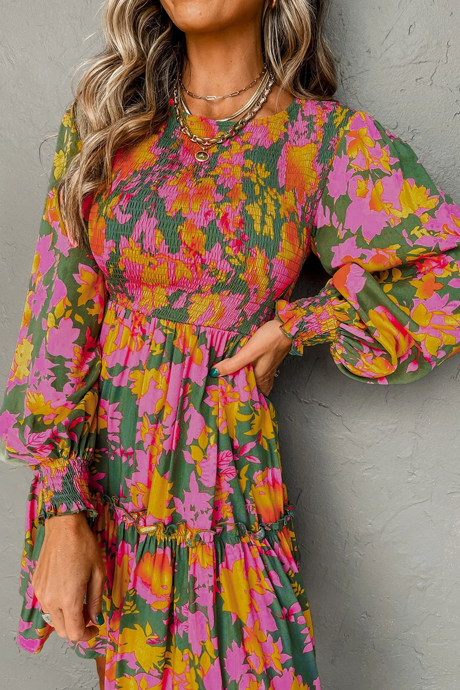Multicolour Floral Print Long Sleeve Smocked Ruffled Mini Dress sold by Beagle Boutique product image thumbnail 3