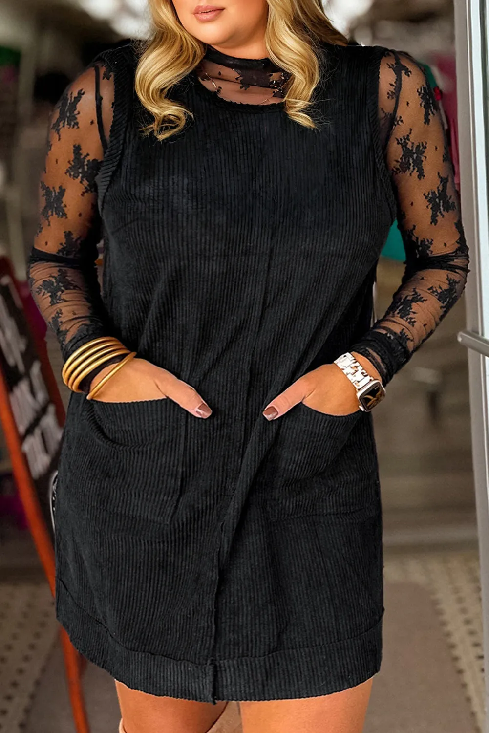 Plus Size Soft Corduroy Patch Pocket Sleeveless Mini Dress sold by Beagle Boutique