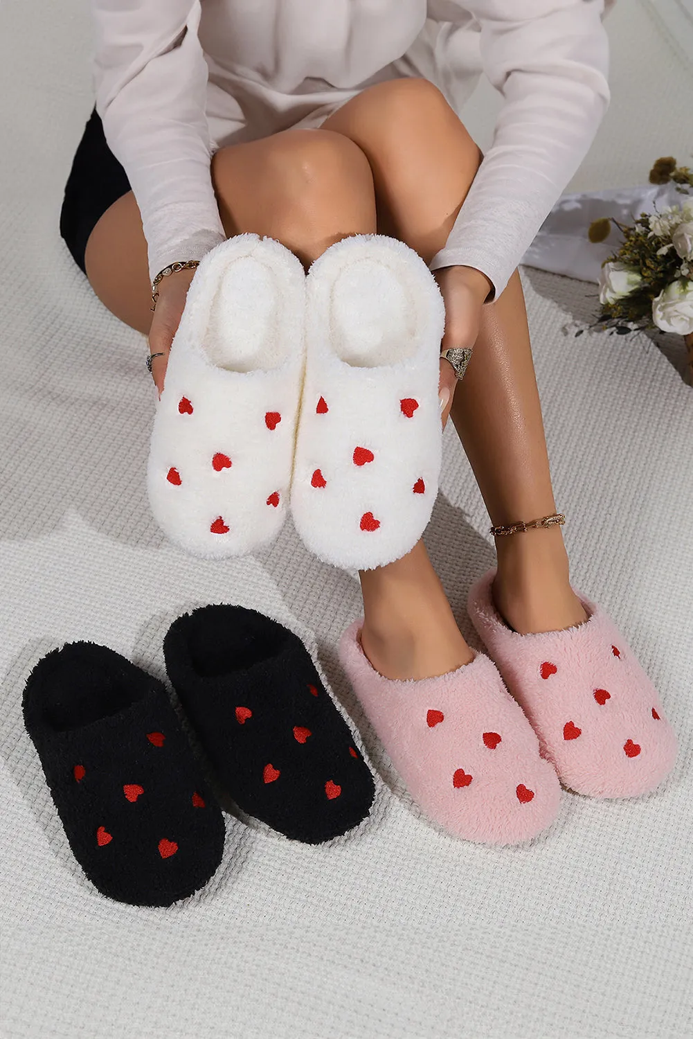 White Heart Shape Embroidered Slip On Plush Slippers sold by Beagle Boutique product image thumbnail 5