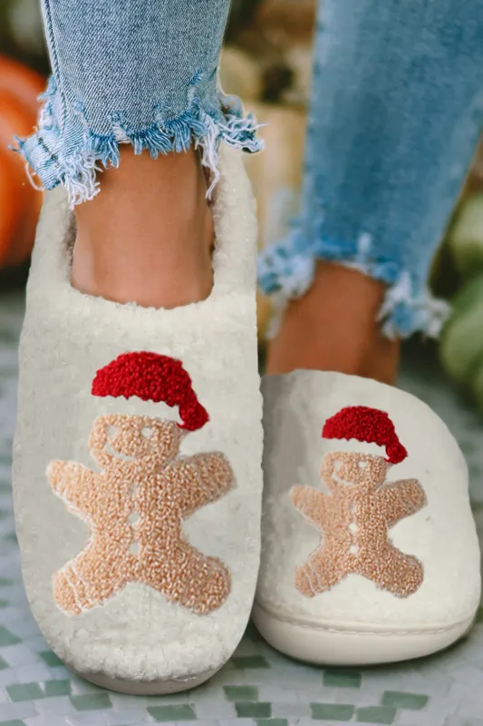 White Christmas Gingerbread Man Plush Home Slippers sold by Beagle Boutique