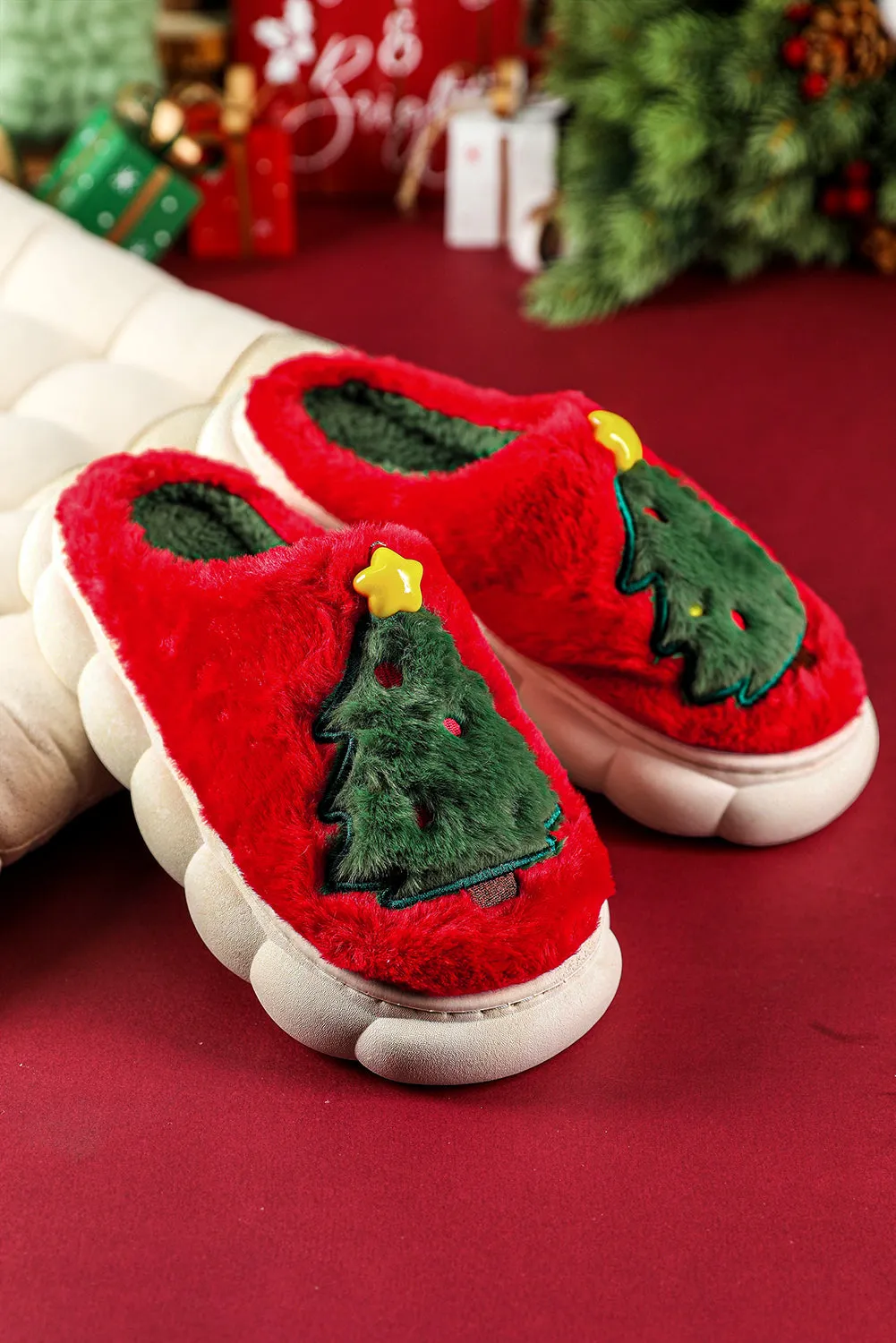 Red Christmas Tree Graphic Thick Sole Plush Slippers sold by Beagle Boutique