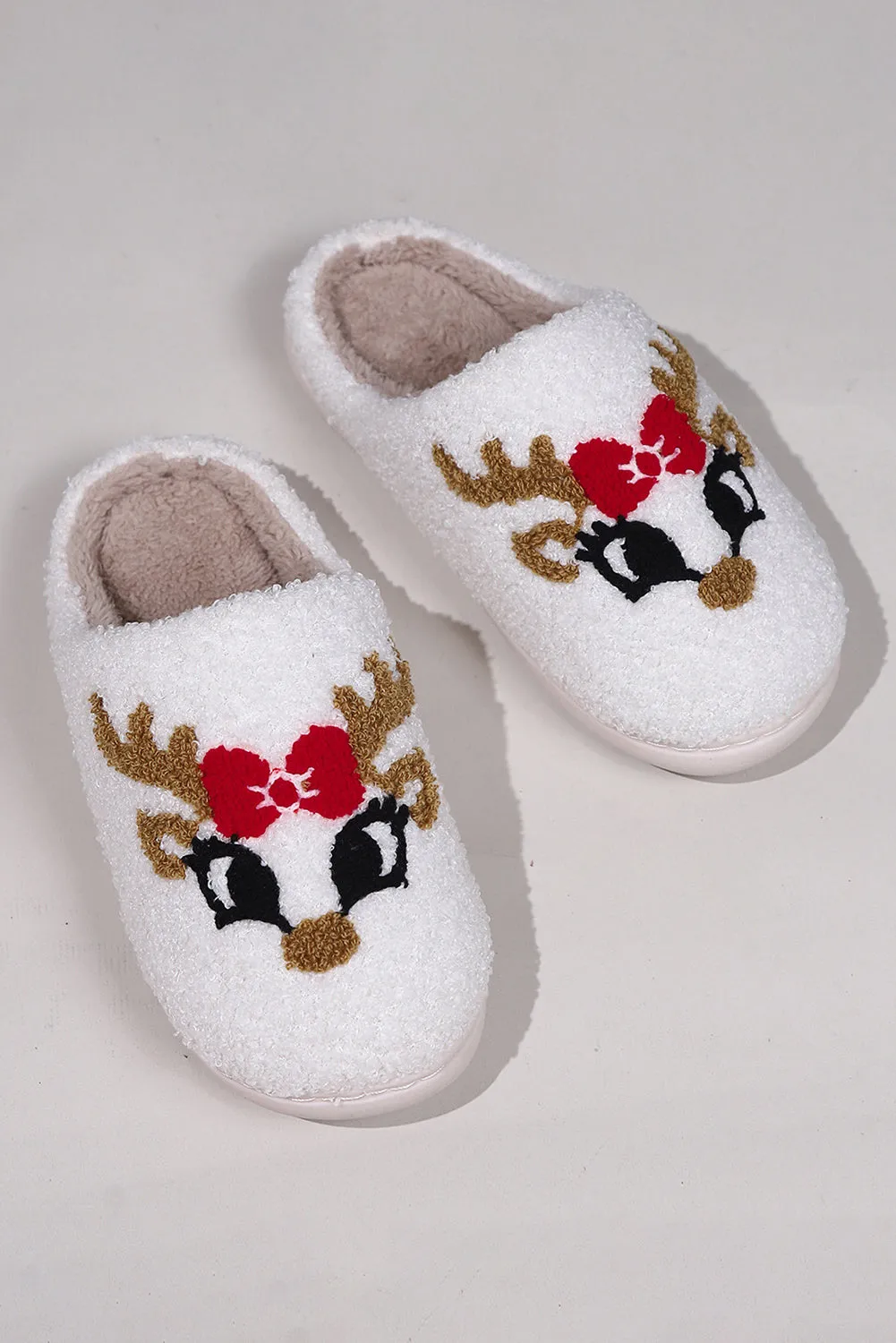 White Christmas Reindeer Pattern Plush Slippers sold by Beagle Boutique product image thumbnail 5