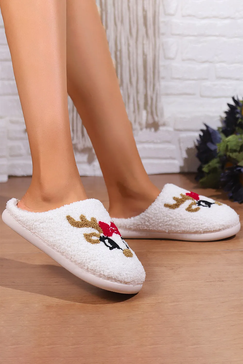 White Christmas Reindeer Pattern Plush Slippers sold by Beagle Boutique product image thumbnail 2