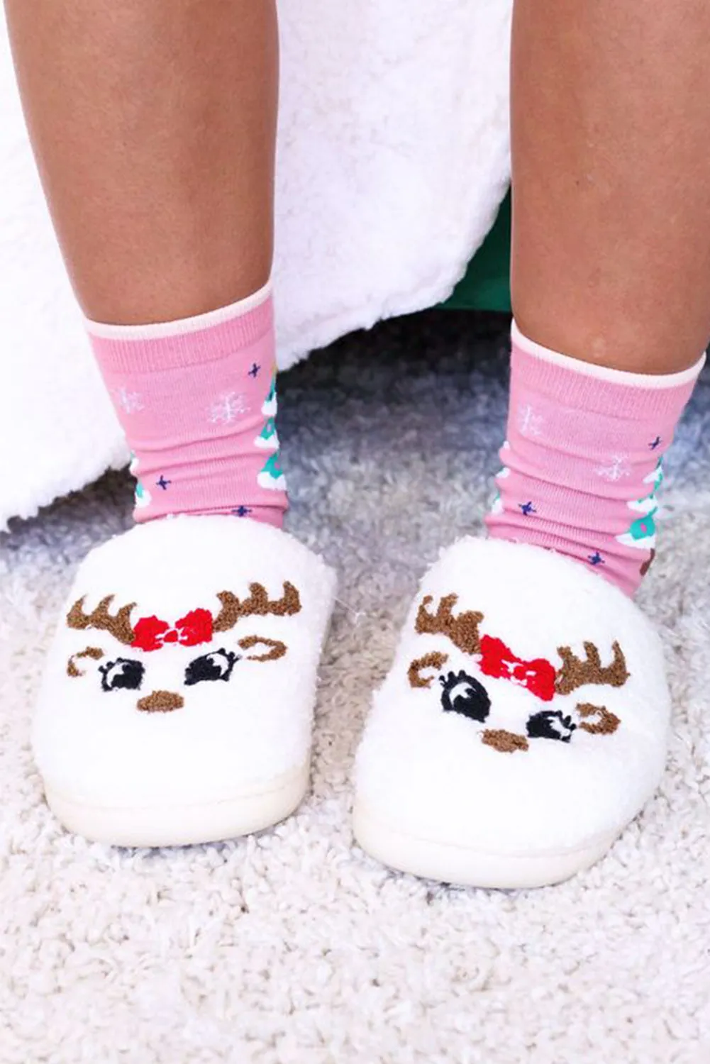 White Christmas Reindeer Pattern Plush Slippers sold by Beagle Boutique product image thumbnail 3