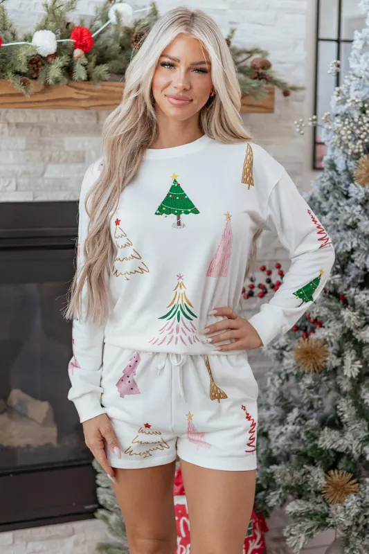 White Stripe Multi Christmas Tree Long Sleeve Top and Shorts Pyjama Set sold by Beagle Boutique