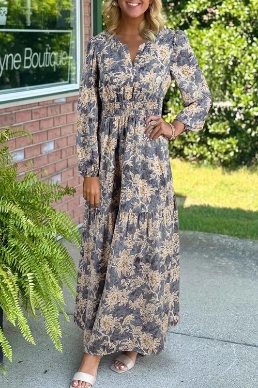 Floral Print Smocked Long Sleeve Maxi Dress sold by Beagle Boutique