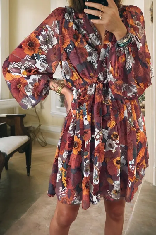 Floral Print Wrap V-Neck Puff Sleeve Flowy Mini Dress sold by Beagle Boutique