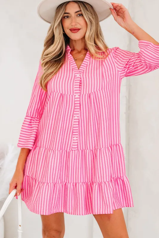 Stripe dFlare Sleeve Half Placket Tiered Flowy Mini Dress sold by Beagle Boutique