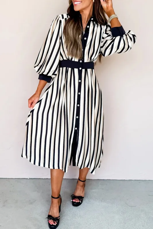 Striped 3/4 Puff Sleeve Shirt Style Button Down Midi Dress sold by Beagle Boutique