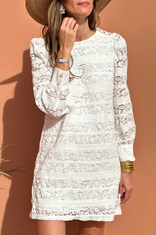Lace Crochet Round Neck Puff Sleeve Shift Mini Dress sold by Beagle Boutique