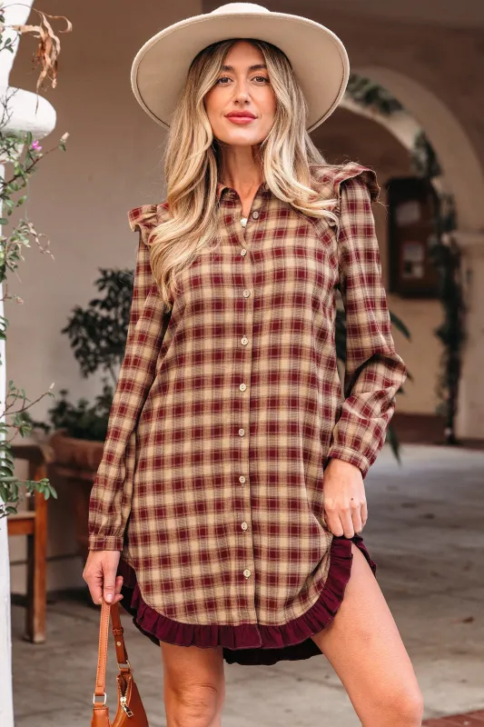 Print Ruffled Long Sleeve Patchwork Hem Mini Shirt Dress sold by Beagle Boutique