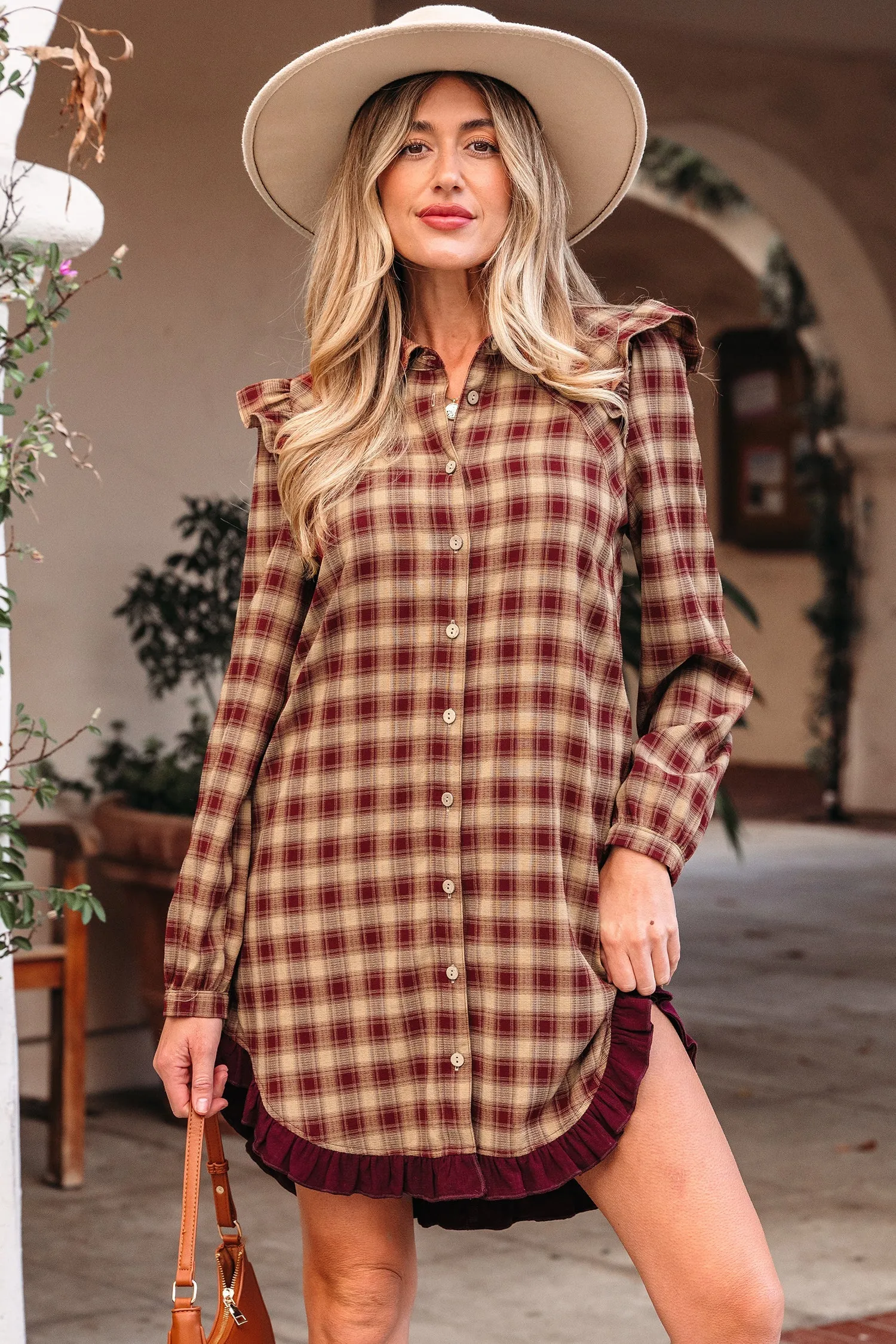 Print Ruffled Long Sleeve Patchwork Hem Mini Shirt Dress sold by Beagle Boutique