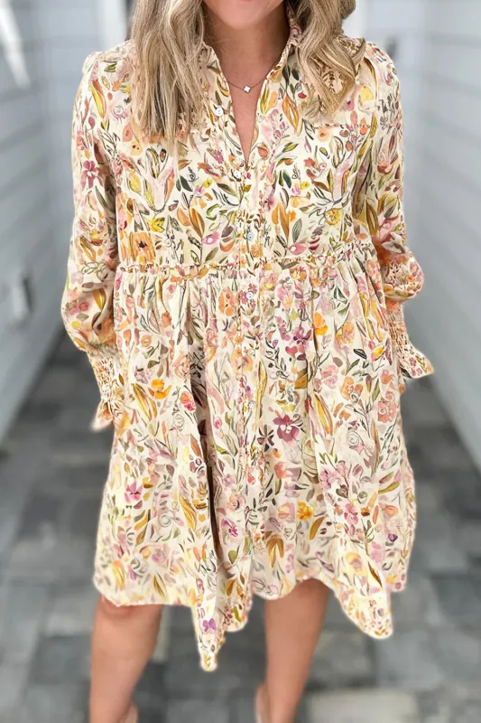 Floral Print Frilly Trim Smocked Cuff Long Sleeve Loose Shirt Dress made by Beagle Boutique