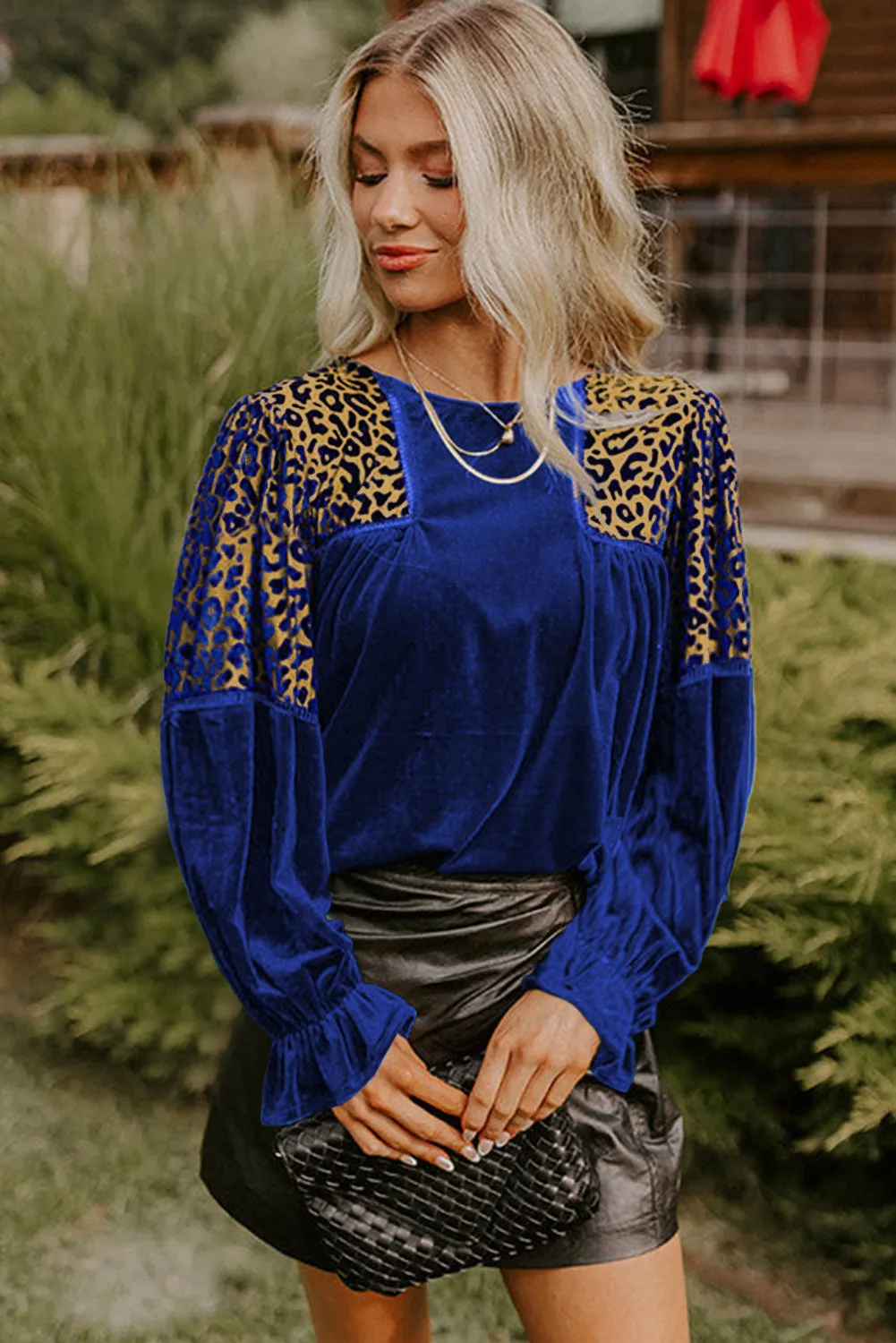 Leopard Patchwork Shoulder Flounce Sleeve Velvet Blouse sold by Beagle Boutique product image thumbnail 4