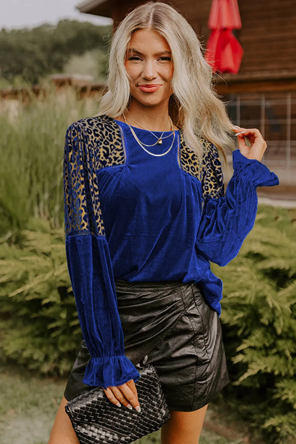 Leopard Patchwork Shoulder Flounce Sleeve Velvet Blouse sold by Beagle Boutique product image thumbnail 3