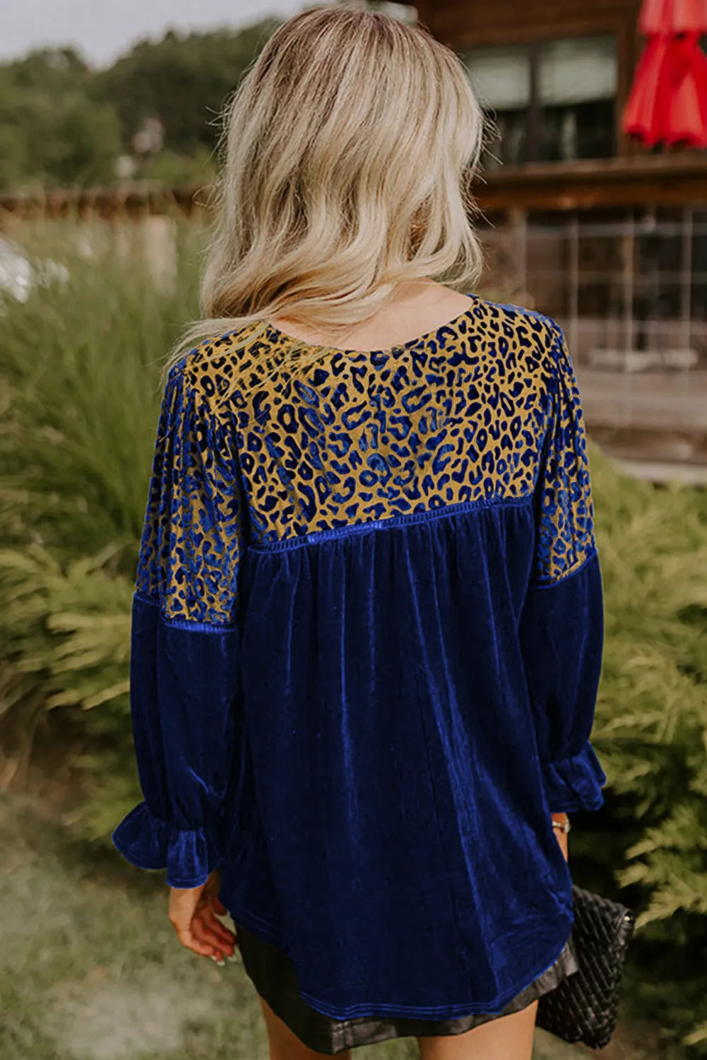 Leopard Patchwork Shoulder Flounce Sleeve Velvet Blouse sold by Beagle Boutique product image thumbnail 2