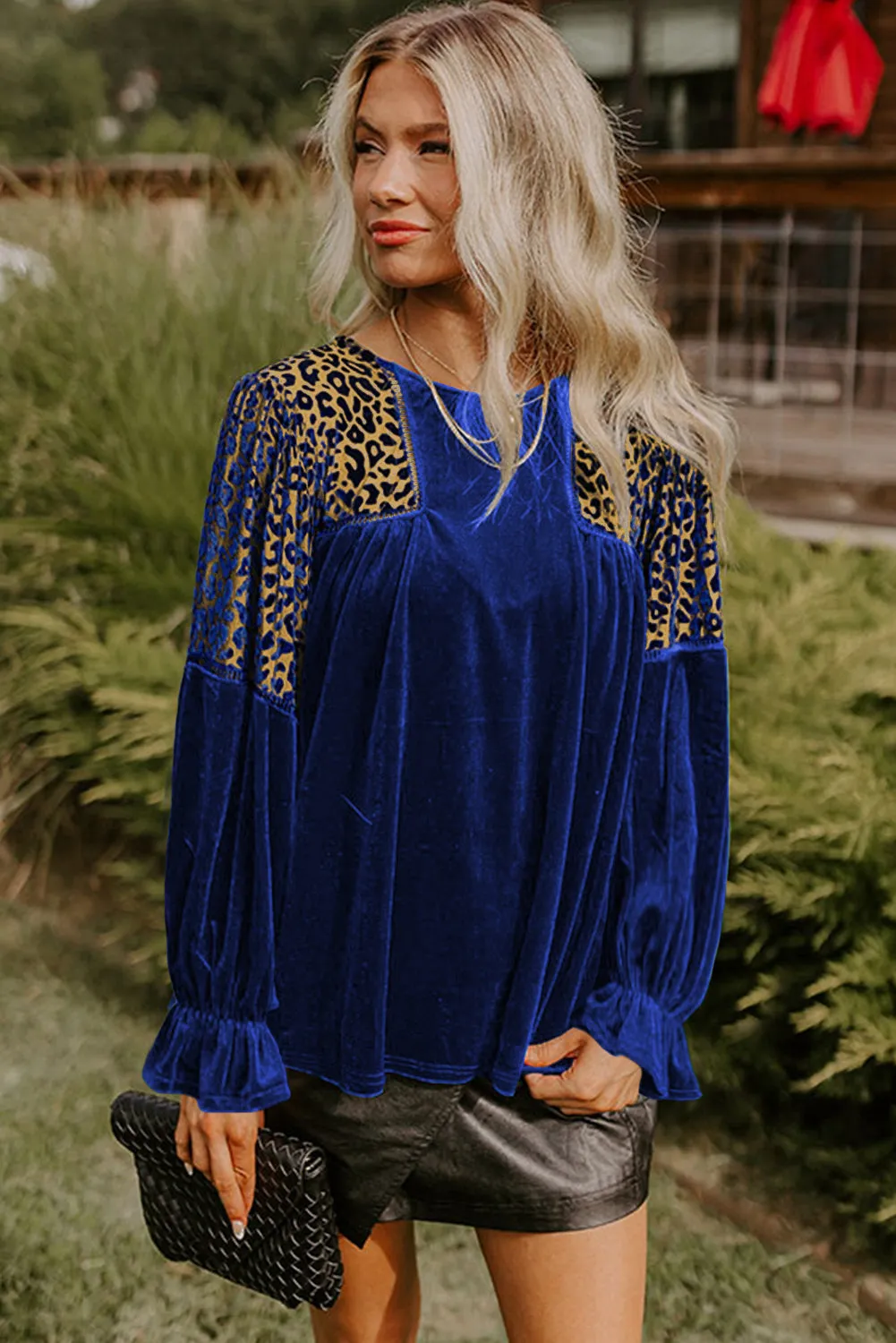 Leopard Patchwork Shoulder Flounce Sleeve Velvet Blouse sold by Beagle Boutique product image thumbnail 5