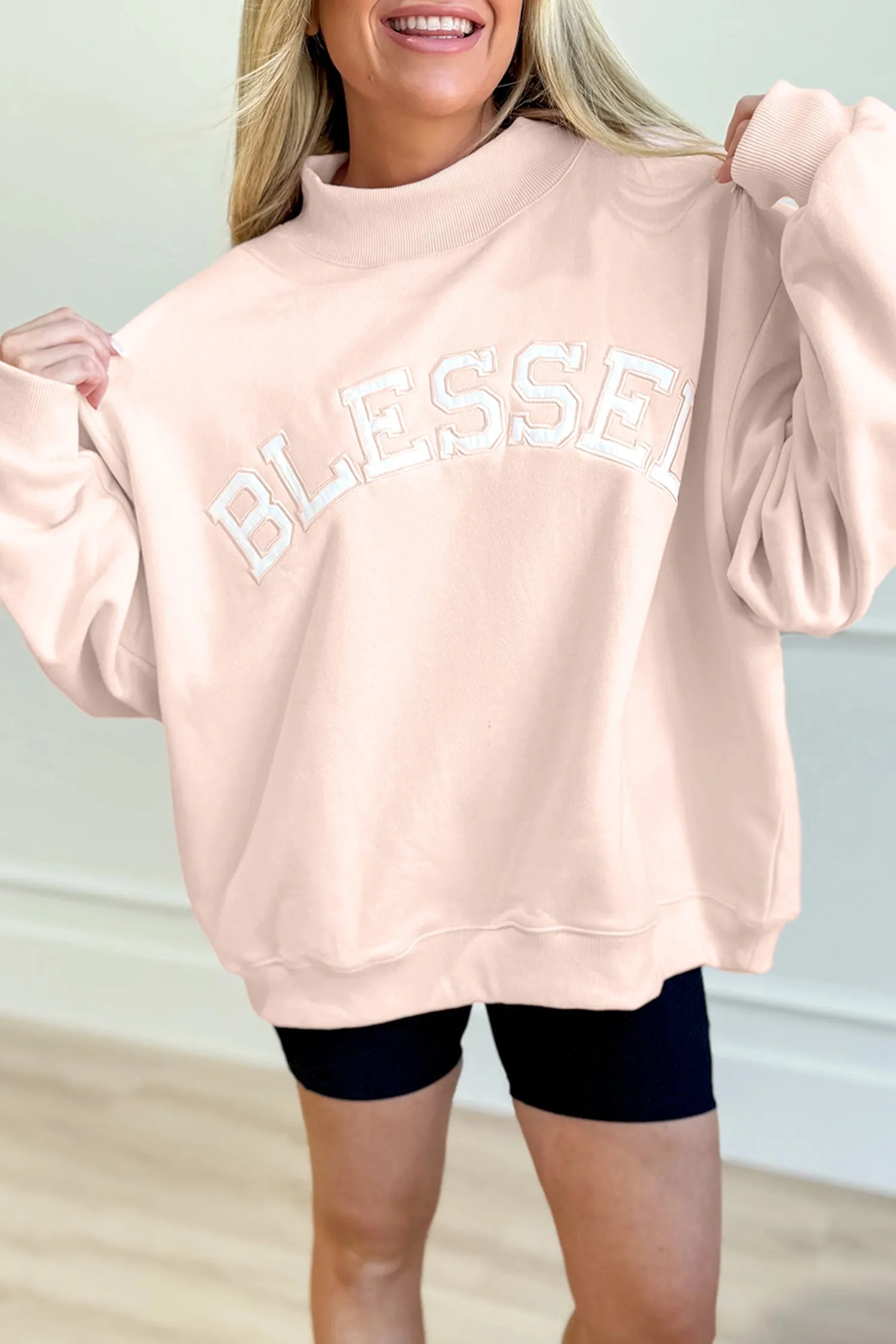 Oversized 'Blessed' Embroidered Mock Neck Sweatshirt sold by Beagle Boutique product image thumbnail 2