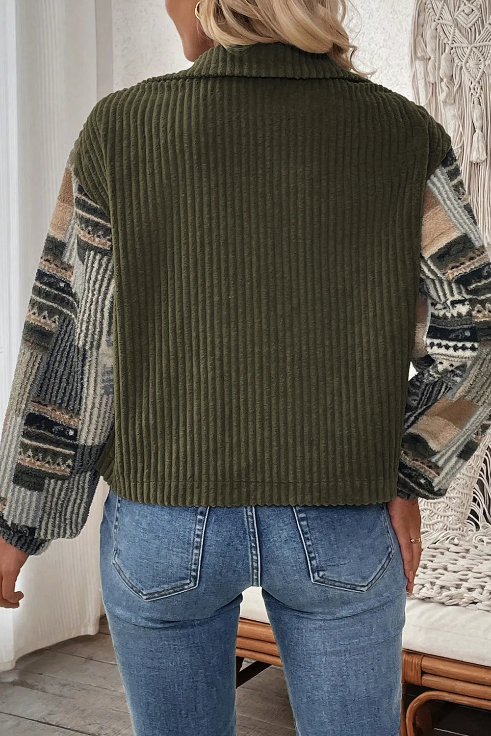 Ribbed Plaid Print Patchwork Button Up Cropped Jacket sold by Beagle Boutique product image thumbnail 3