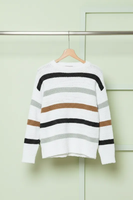 Multicolour Stripe Print Popcorn Drop Shoulder Sweater sold by Beagle Boutique