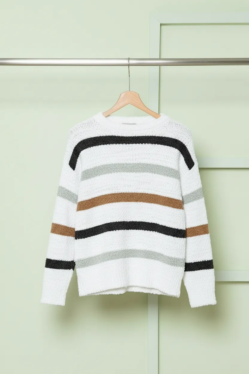 Multicolour Stripe Print Popcorn Drop Shoulder Sweater sold by Beagle Boutique