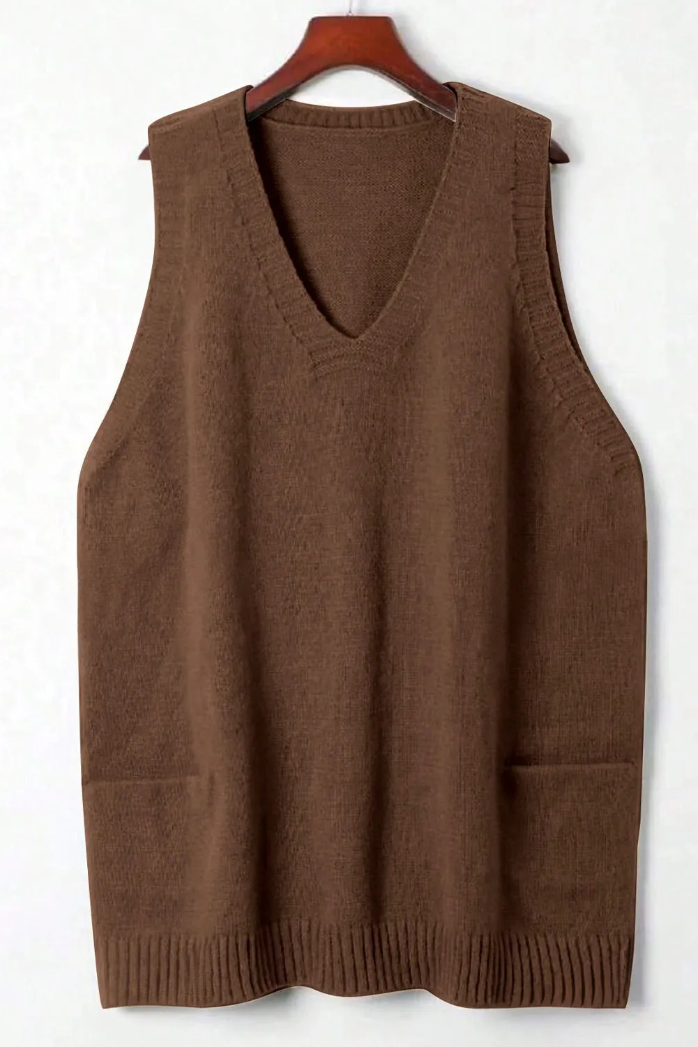 Rib Knit Deep V-Neckline Front Pocketed Baggy Tunic Sweater Vest sold by Beagle Boutique