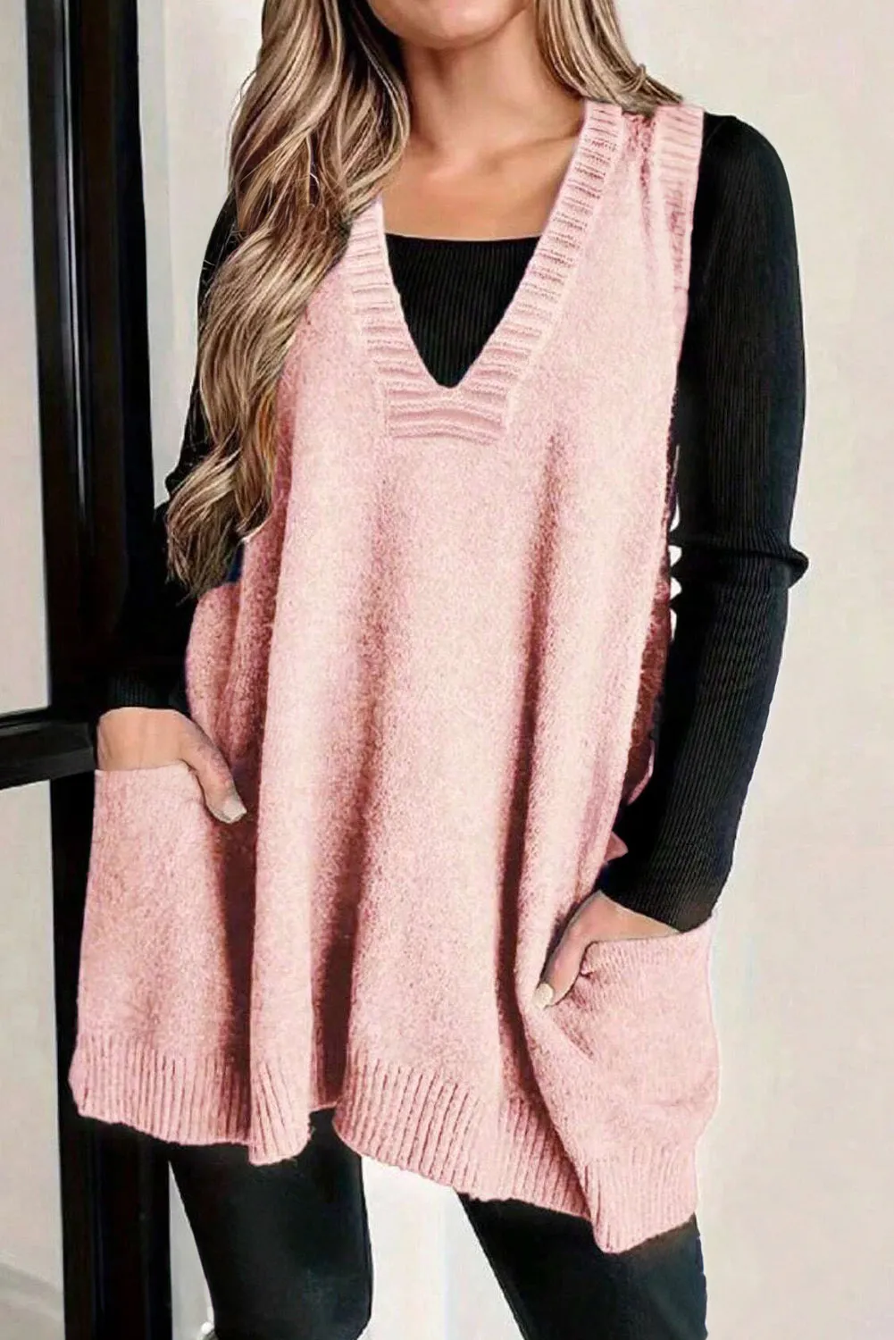 Rib Knit Deep V-Neckline Front Pocketed Baggy Tunic Sweater Vest sold by Beagle Boutique product image thumbnail 5