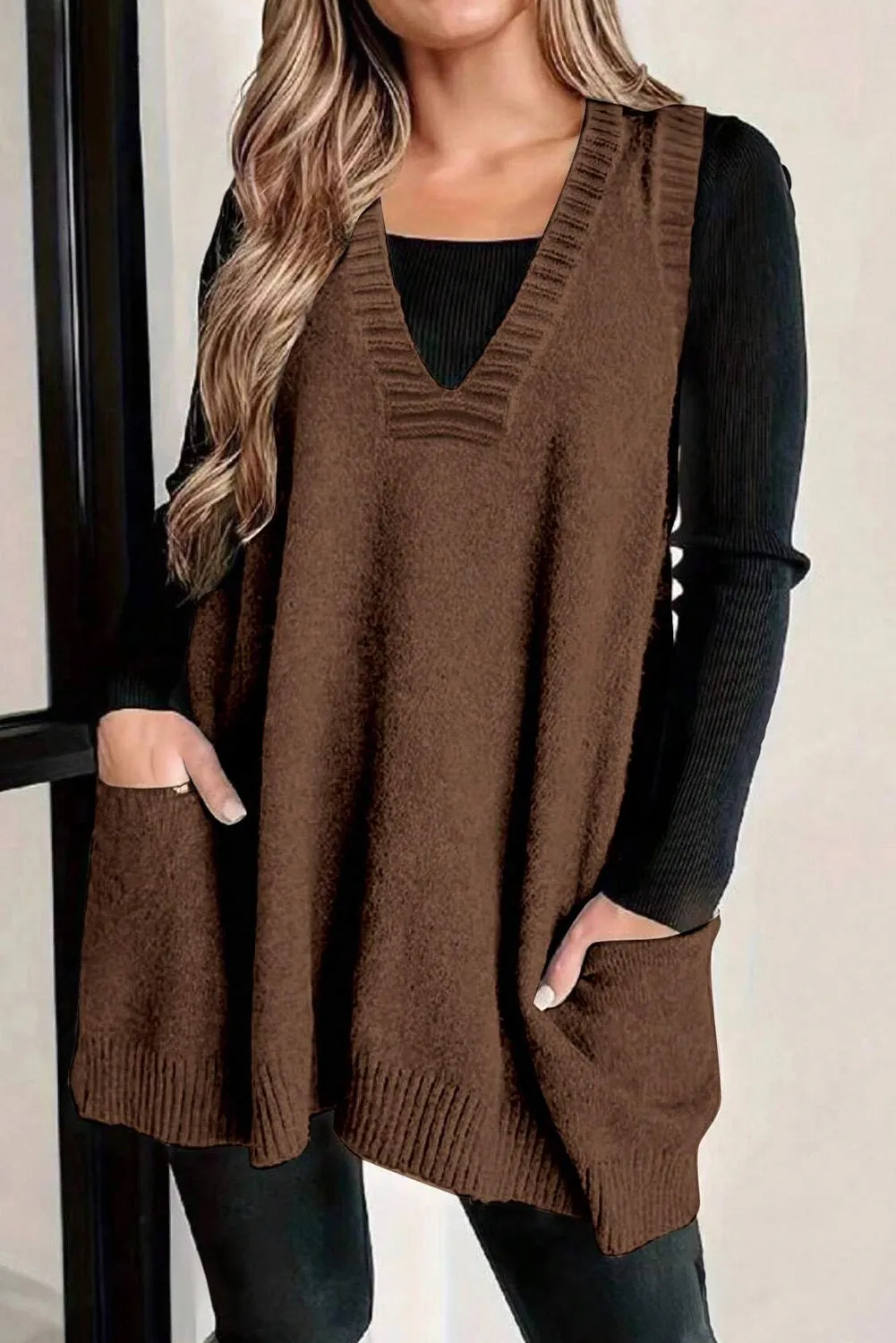 Rib Knit Deep V-Neckline Front Pocketed Baggy Tunic Sweater Vest sold by Beagle Boutique product image thumbnail 2