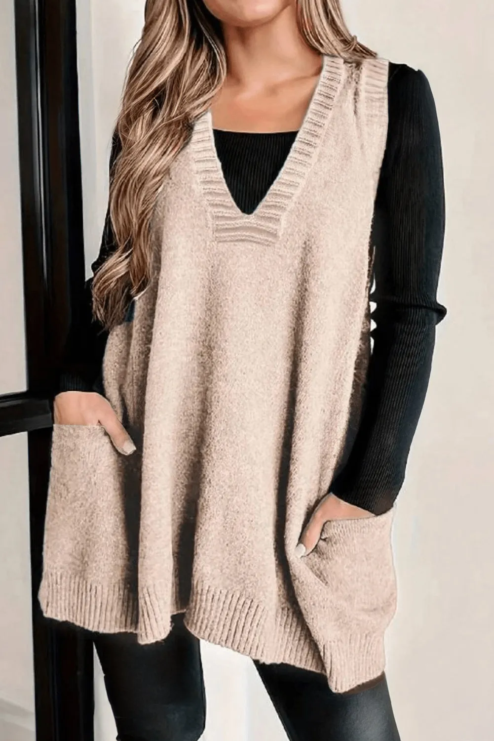 Rib Knit Deep V-Neckline Front Pocketed Baggy Tunic Sweater Vest sold by Beagle Boutique product image thumbnail 4