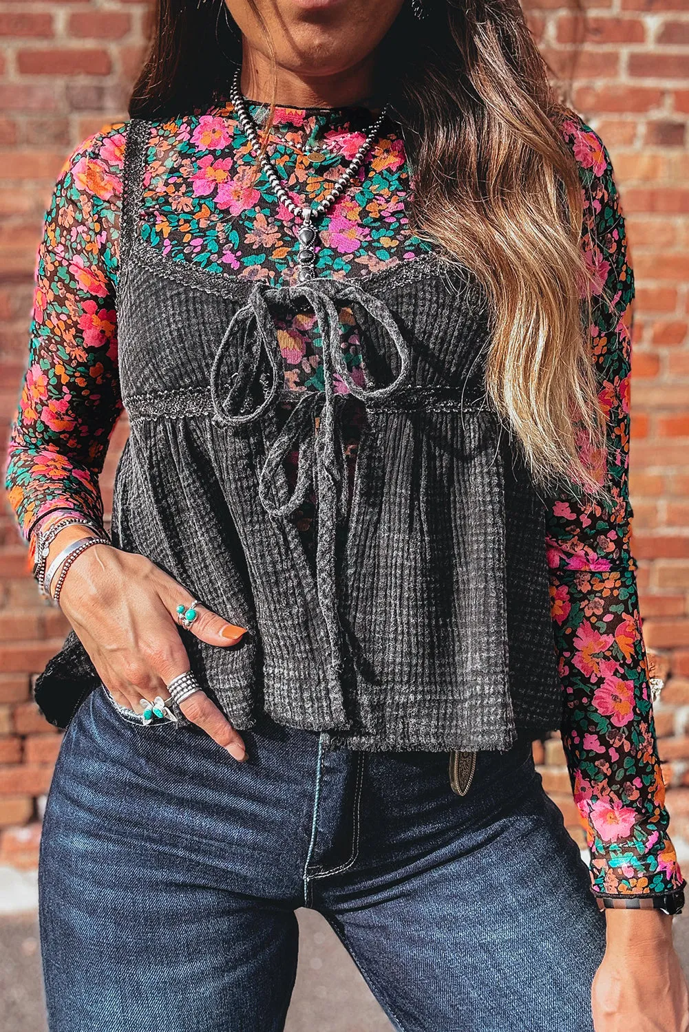Slim Fit Floral Mesh Long Sleeve Mock Neck Top sold by Beagle Boutique product image thumbnail 4