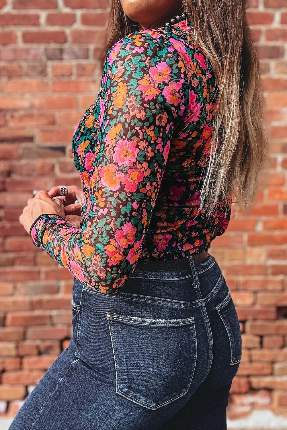 Slim Fit Floral Mesh Long Sleeve Mock Neck Top sold by Beagle Boutique product image thumbnail 3