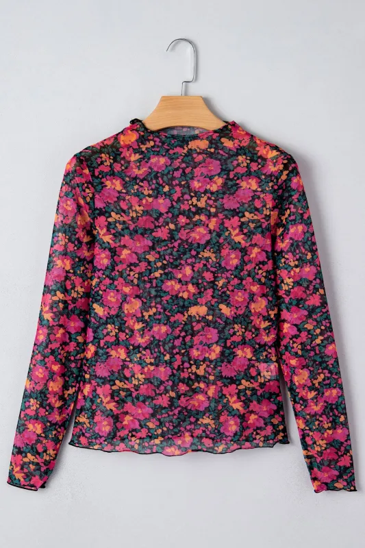 Slim Fit Floral Mesh Long Sleeve Mock Neck Top sold by Beagle Boutique