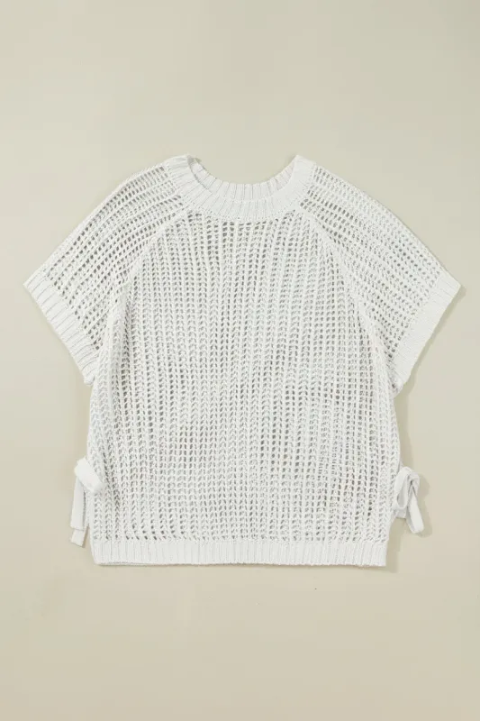 Plus Size Open Knit Bow Tie Short Sleeve Sweater sold by Beagle Boutique