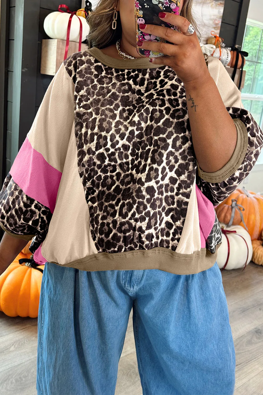 Leopard Print Colour Block 3/4 Sleeve Baggy Top sold by Beagle Boutique product image thumbnail 2
