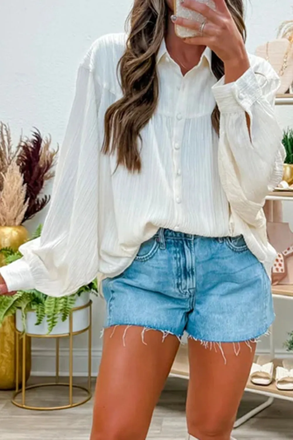 Crinkled Texture Lantern Sleeve Baggy Shirt sold by Beagle Boutique product image thumbnail 2