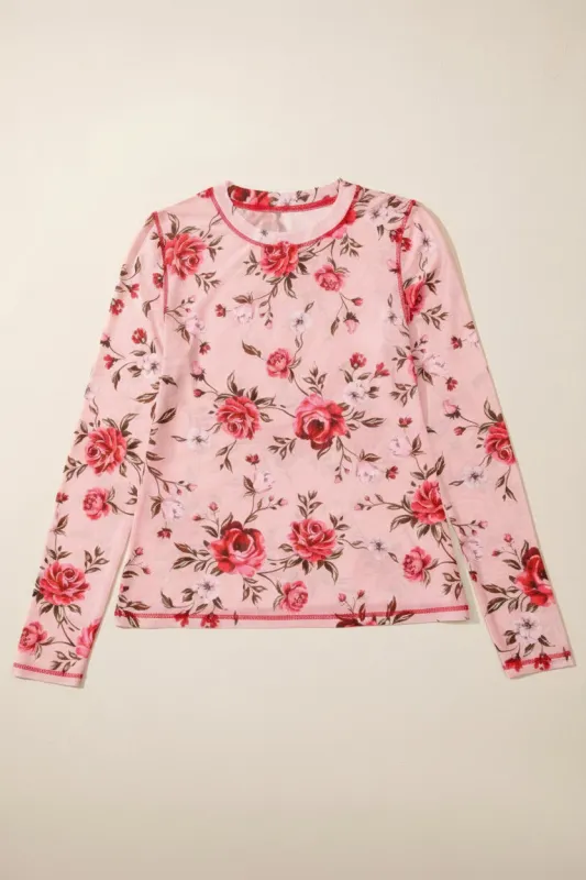 Floral Print Exposed Seam Detail Mesh Long Sleeve Top sold by Beagle Boutique