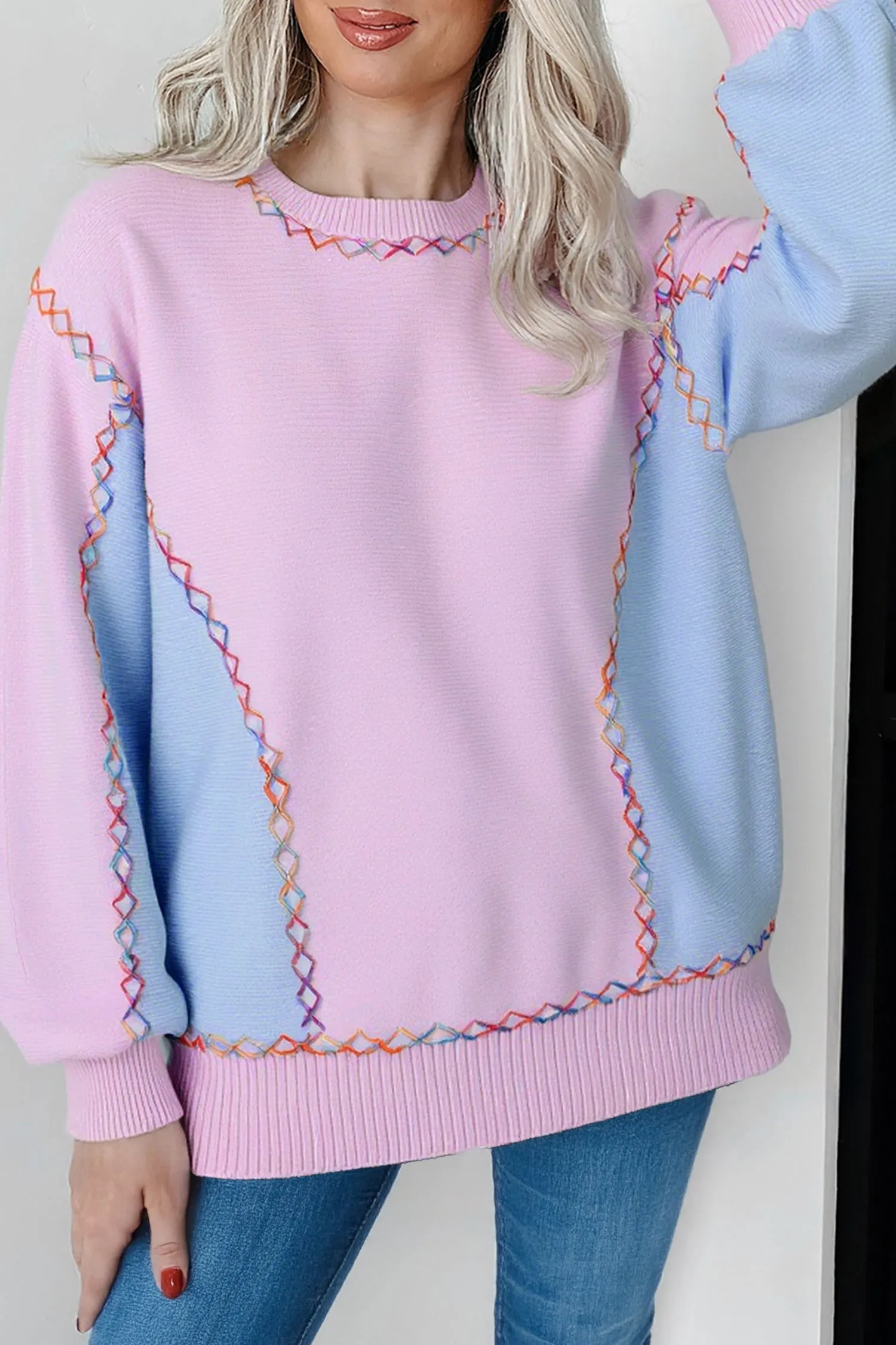 Rainbow Stitching Balloon Sleeve Relaxed Sweater sold by Beagle Boutique product image thumbnail 2