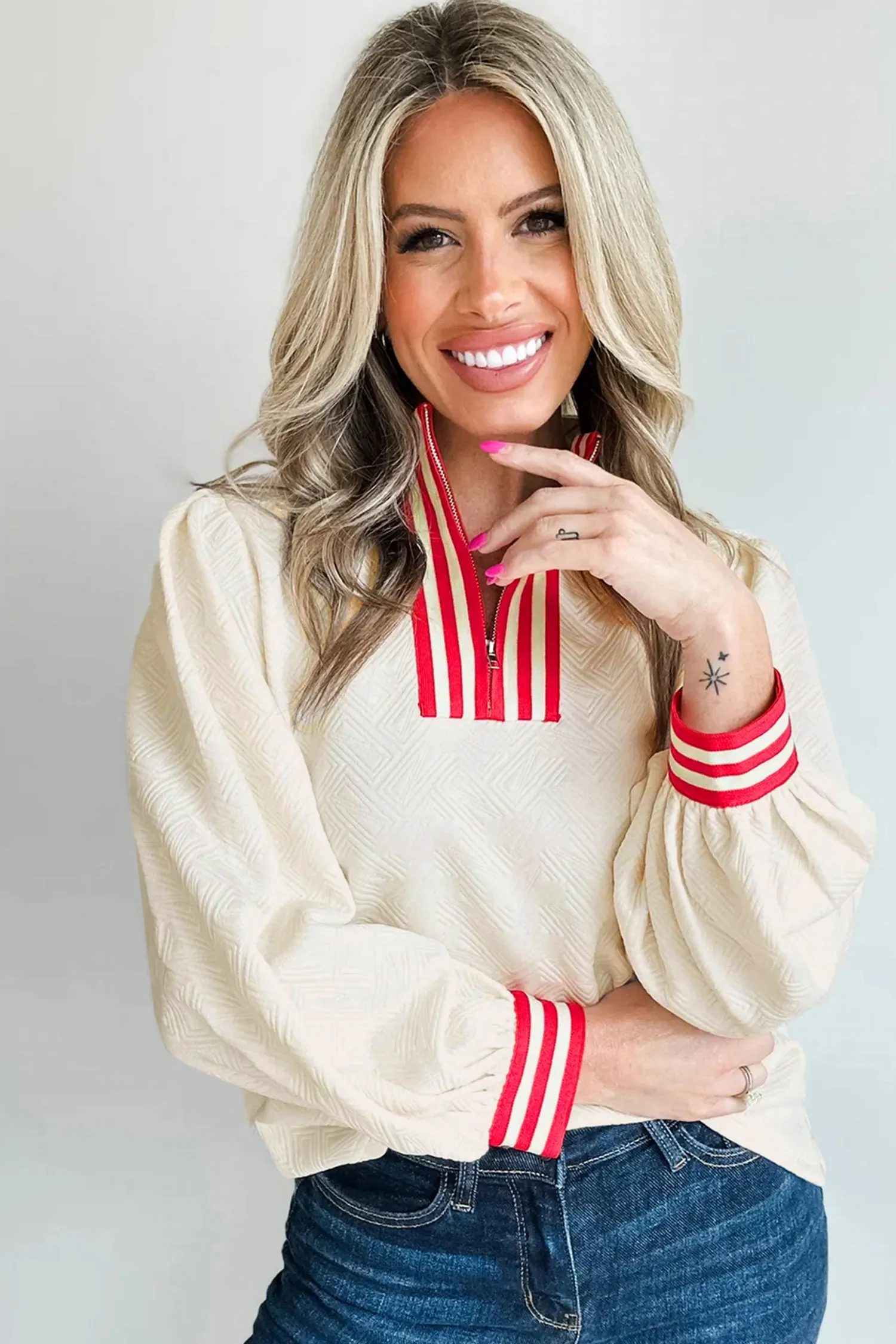 Textured Contrast Striped Accent Zip Collar Pullover Top sold by Beagle Boutique product image thumbnail 5