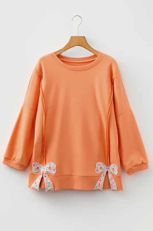 Floral Bow Patched Exposed Seam Oversized Sweatshirt made by Beagle Boutique