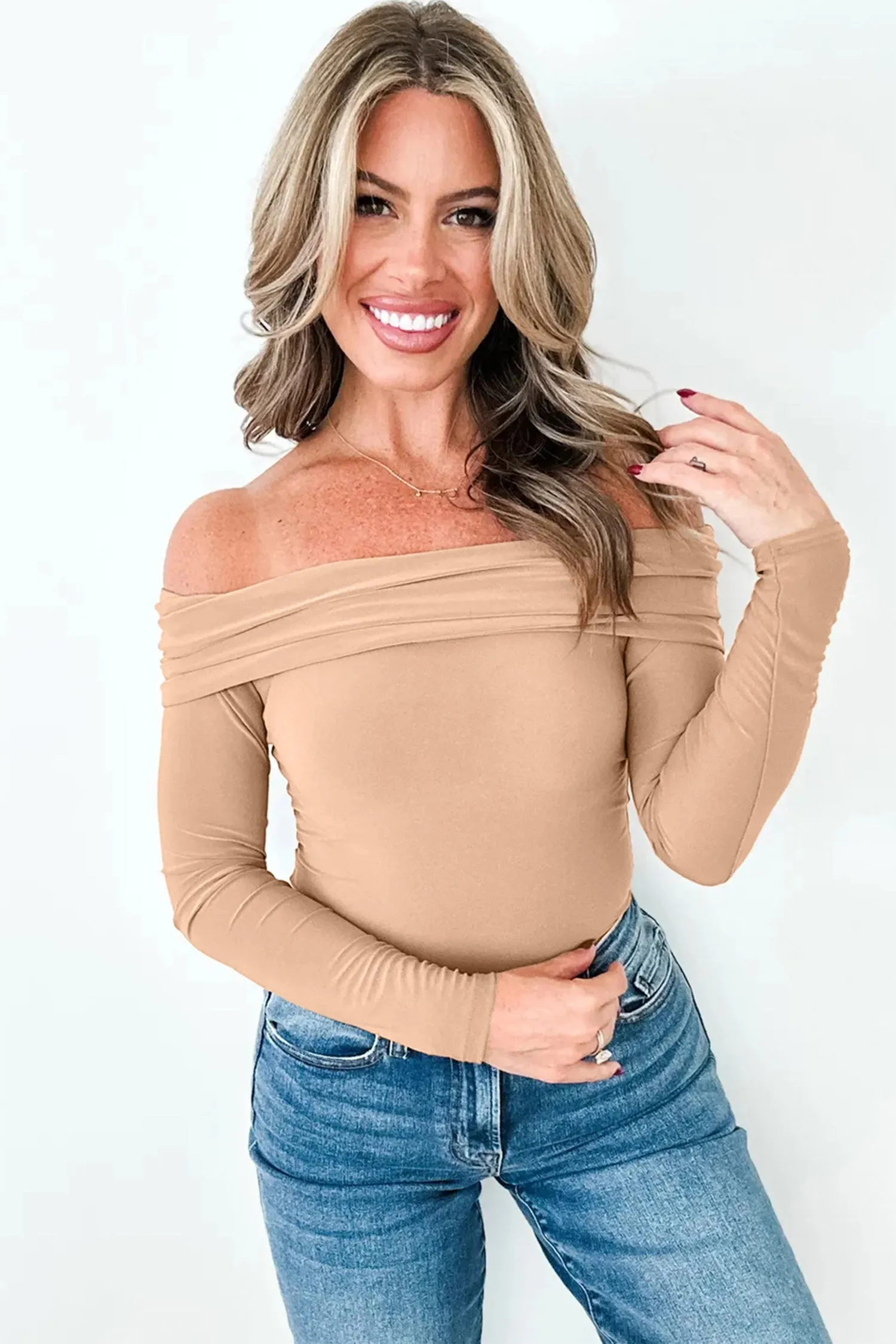 Foldover Off The Shoulder Long Sleeve Slim Top sold by Beagle Boutique product image thumbnail 3