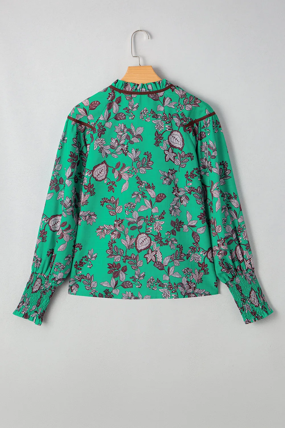Leaf Print Contrast Trim V-Neck Shirred Puff Sleeve Blouse sold by Beagle Boutique product image thumbnail 5
