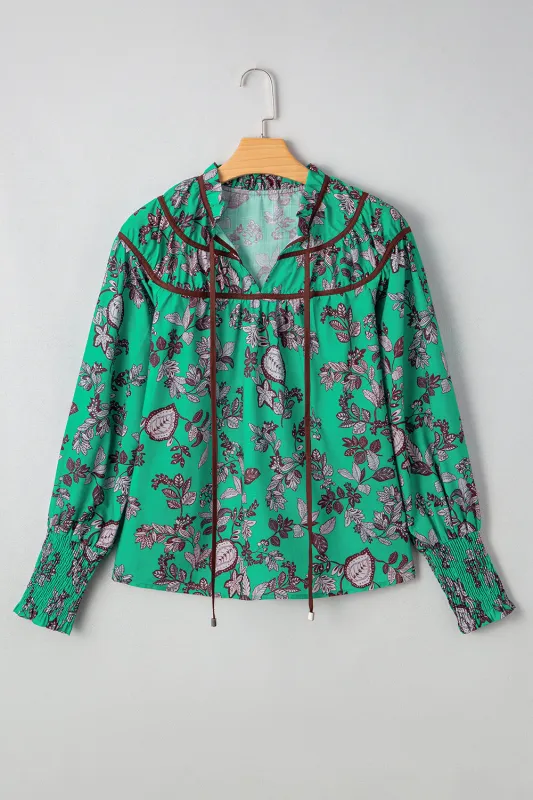Leaf Print Contrast Trim V-Neck Shirred Puff Sleeve Blouse sold by Beagle Boutique